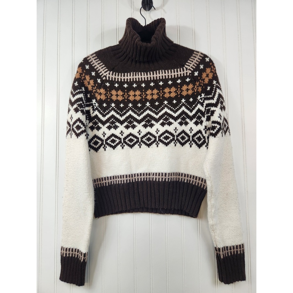 American Eagle Fair Isle Turtleneck Sweater Brown Cream Cropped Knit Small